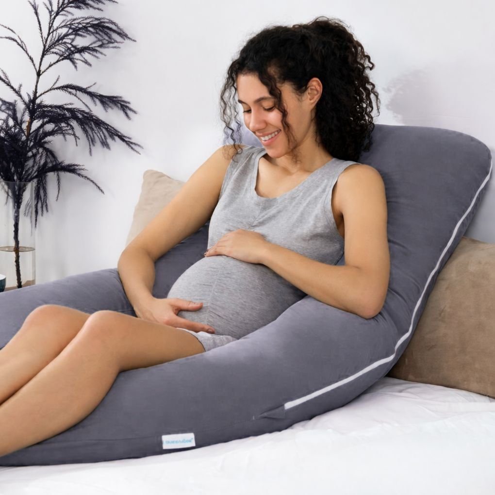 Flat lay of U shaped pregnancy pillow showing full dimensions available to buy online in India