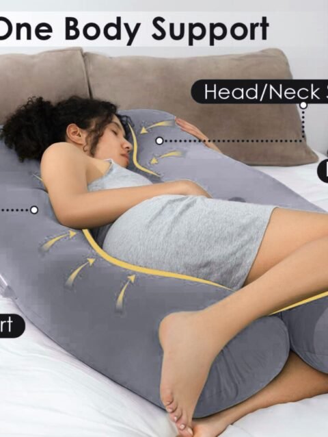 Flat lay of full body U shaped pregnancy pillow with care instructions available to buy online in India